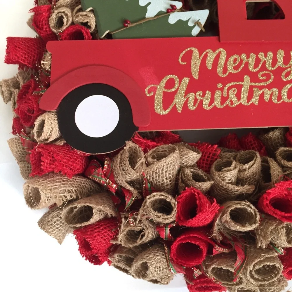 Hand Crafted Christmas Holiday Wreath Red Tan Burlap with Hanger and Storage Bag